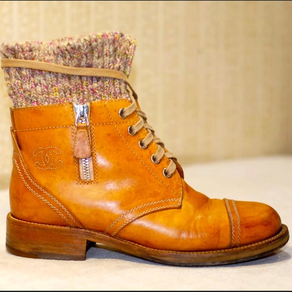CHANEL Shoes - CHANEL light brown sweater combat boots size 36.5